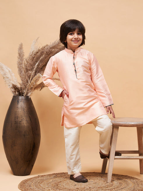 Vastramay Boy's Peach Silk Kurta Pyjama Set