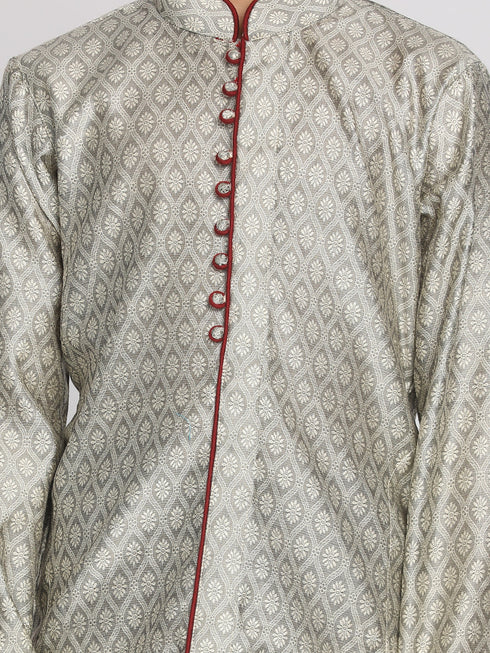 Vastramay Boys' Grey And Maroon Jacquard Kurta Pyjama Set
