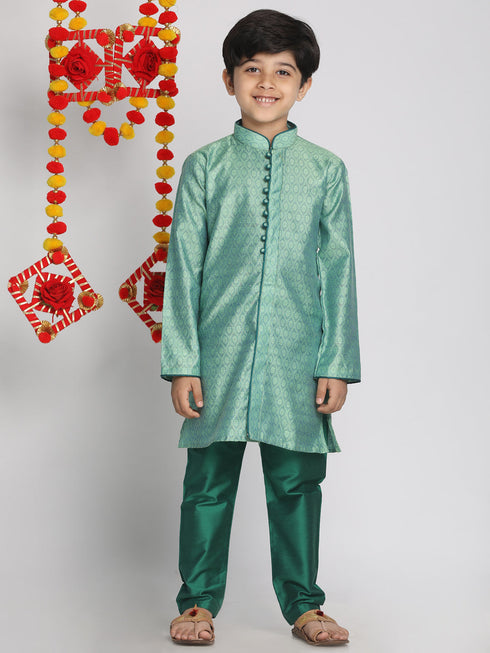 Vastramay Boys' Green Jacquard Kurta Pyjama Set