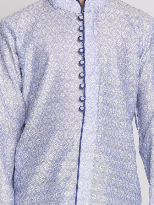 Vastramay Boys' Lavender And Navy Blue Jacquard Kurta Pyjama Set