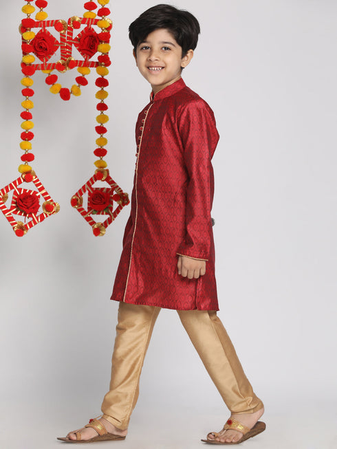 Vastramay Boys' Maroon And Rose Gold Jacquard Kurta Pyjama Set