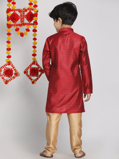 Vastramay Boys' Maroon And Rose Gold Jacquard Kurta Pyjama Set