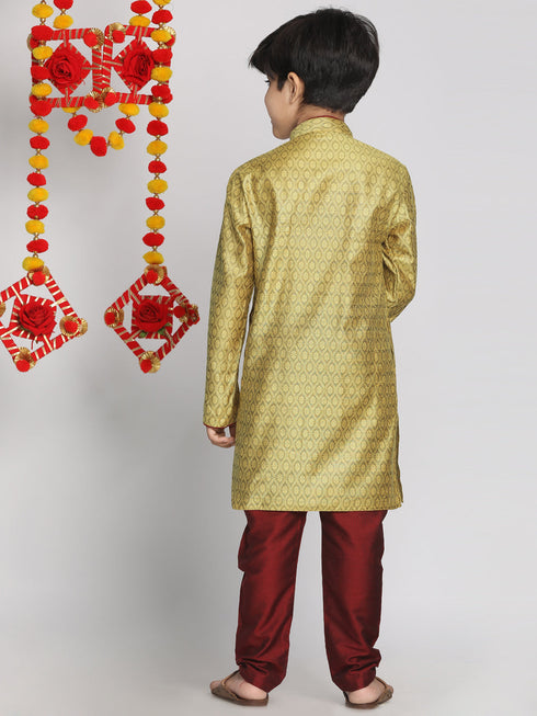 Vastramay Boys' Yellow And Maroon Jacquard Kurta Pyjama Set