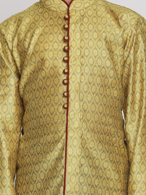 Vastramay Boys' Yellow And Maroon Jacquard Kurta Pyjama Set