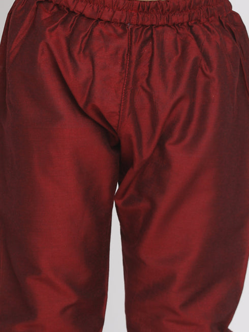 Vastramay Boys' Yellow And Maroon Jacquard Kurta Pyjama Set