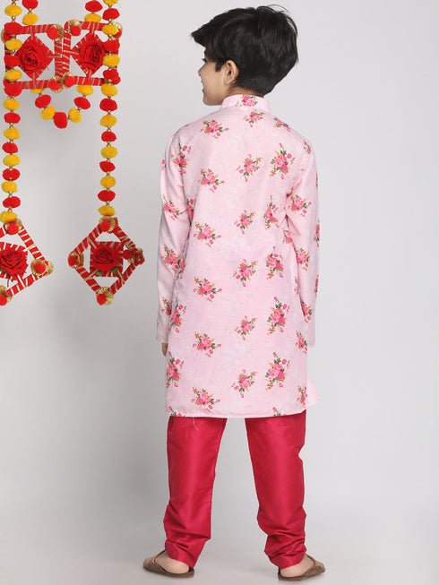 Vastramay Boys' Floral Printed Multicolor-Base-Pink Kurta and Pyjama Set