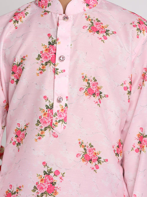 Vastramay Boys' Floral Printed Multicolor-Base-Pink Kurta and Pyjama Set