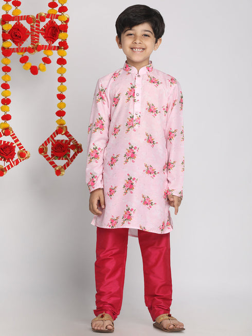 Vastramay Boys' Floral Printed Multicolor-Base-Pink Kurta and Pyjama Set