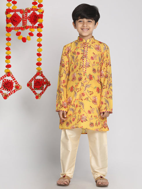 Vastramay Boys' Multicolor-Base-Mustard Kurta