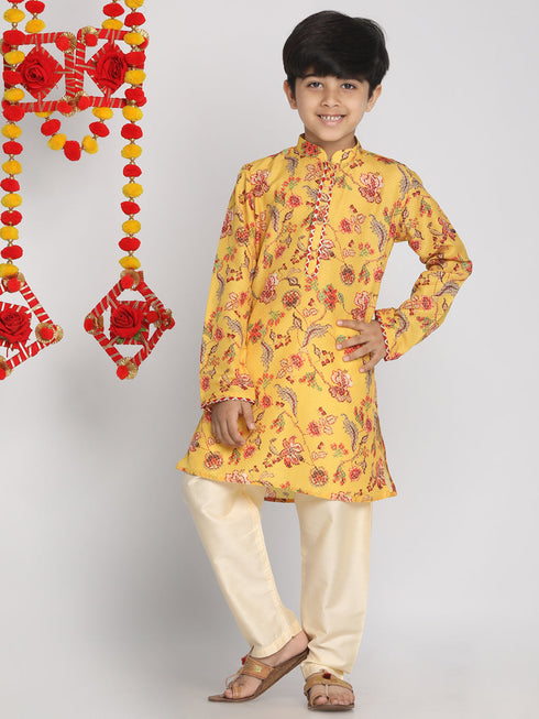 Vastramay Boys' Multicolor-Base-Mustard And Cream Kurta Pyjama Set