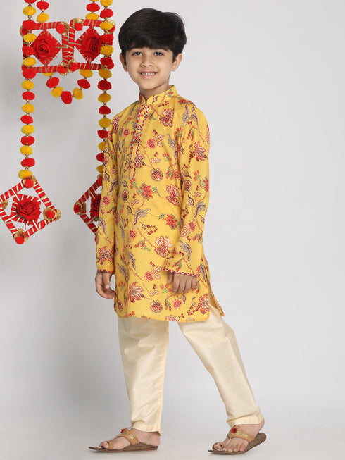 Vastramay Boys' Multicolor-Base-Mustard And Cream Kurta Pyjama Set