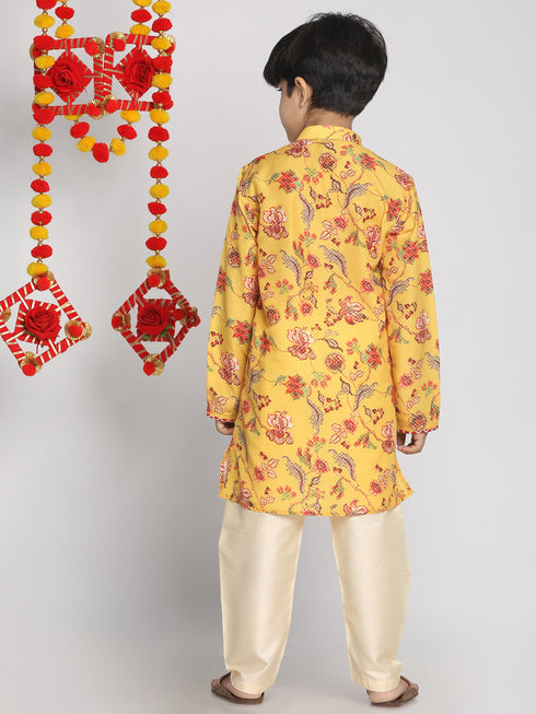 Vastramay Boys' Multicolor-Base-Mustard And Cream Kurta Pyjama Set