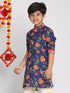Vastramay Boys' Multicolor-Base-Navy Blue Kurta With Leheriya Border