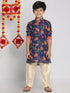 Vastramay Boys' Multicolor-Base-Navy Blue Kurta and Pyjama Set With Leheria Border
