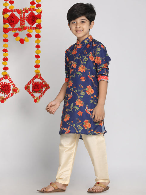 Vastramay Boys' Multicolor-Base-Navy Blue Kurta and Pyjama Set With Leheria Border