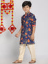Vastramay Boys' Multicolor-Base-Navy Blue Kurta and Pyjama Set With Leheria Border