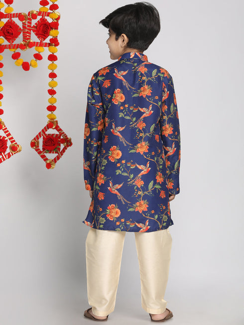 Vastramay Boys' Multicolor-Base-Navy Blue Kurta and Pyjama Set With Leheria Border