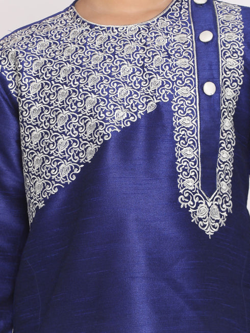 Vastramay Boys' Blue And White Kurta and Dhoti Set