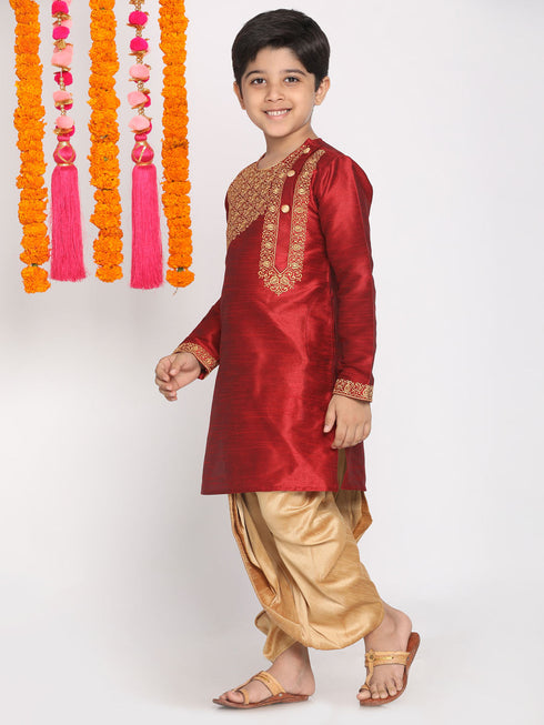 Vastramay Boys' Maroon And Rose Gold Kurta and Dhoti Set