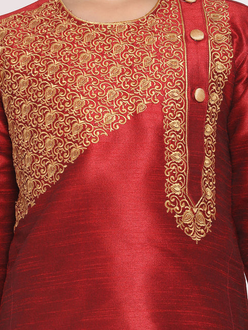 Vastramay Boys' Maroon And Rose Gold Kurta and Dhoti Set