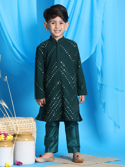 VASTRAMAY Green Mirror Kurta Pyjama Siblings Set