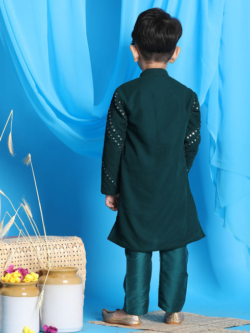 VASTRAMAY Green Mirror Kurta Pyjama Siblings Set