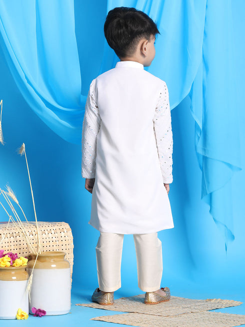 Vastramay Boys' White Mirror Kurta Pyjama Set
