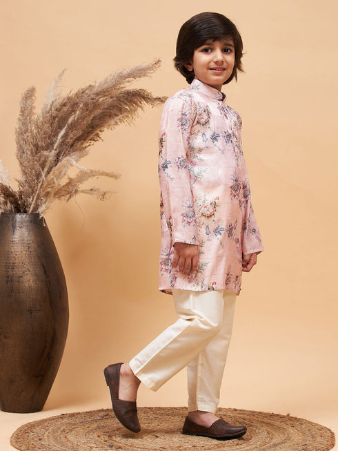 Vastramay Boy's Pink Floral Printed Silk Blend Kurta Pyjama Set
