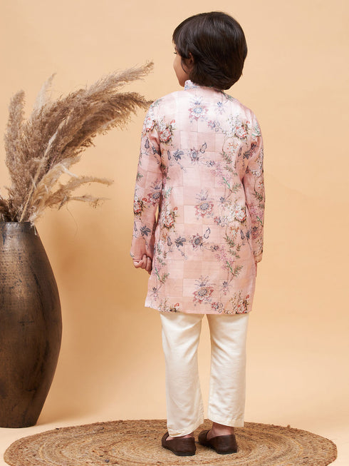 Vastramay Boy's Pink Floral Printed Silk Blend Kurta Pyjama Set