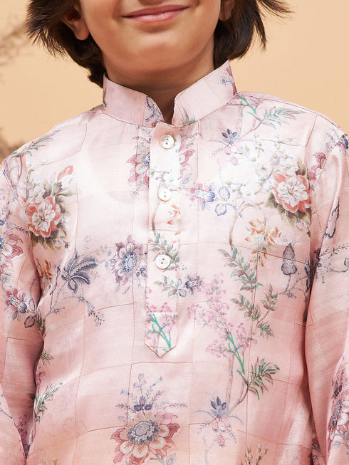 Vastramay Boy's Pink Floral Printed Silk Blend Kurta Pyjama Set
