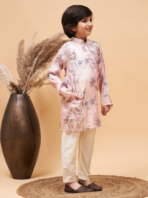 Vastramay Boy's Pink Floral Printed Silk Blend Kurta Pyjama Set