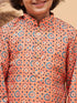 Vastramay Boy's Orange Printed Kurta And Cream Pyjama Set