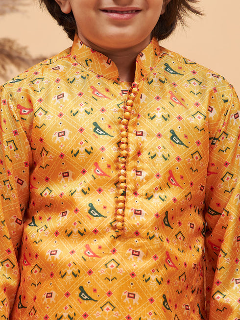 Vastramay Boy's Yellow Patola Printed Kurta And Cream Pyjama Set