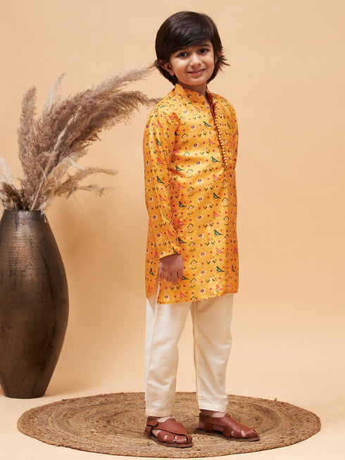 Vastramay Boy's Yellow Patola Printed Kurta And Cream Pyjama Set