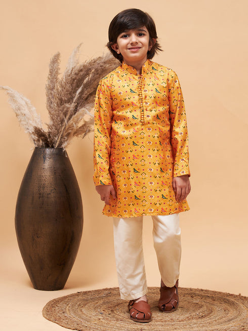 Vastramay Boy's Yellow Patola Printed Kurta And Cream Pyjama Set
