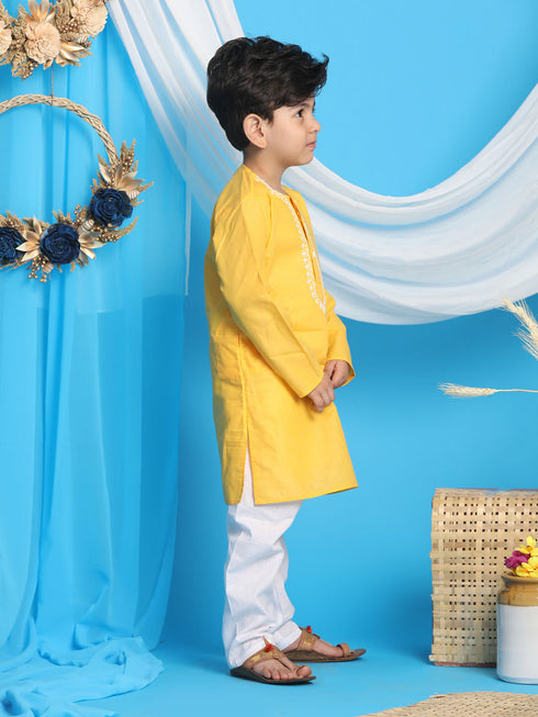 Vastramay Boys' Yellow Kurta And White Pyjama Set