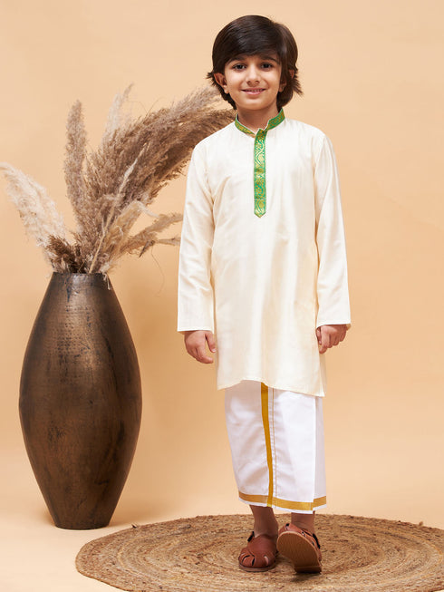 VASTRAMAY Green And Cream South Collection Sibling Set