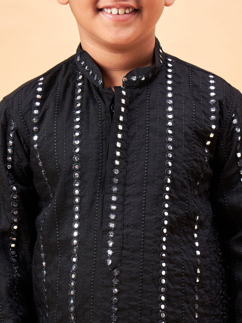Vastramay Boys Black Embroidered Vertical Mirror Work Kurta With Patiala Set