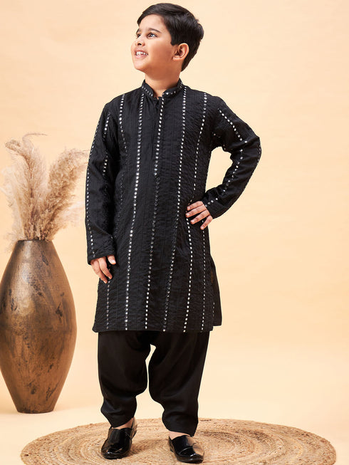 Vastramay Boys Black Embroidered Vertical Mirror Work Kurta With Patiala Set