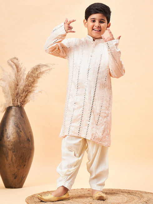 Vastramay Boys Cream Embroidered Vertical Mirror Work Kurta With Patiala Set