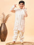 Vastramay Boys Cream Embroidered Vertical Mirror Work Kurta With Patiala Set