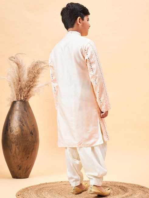 Vastramay Boys Cream Embroidered Vertical Mirror Work Kurta With Patiala Set
