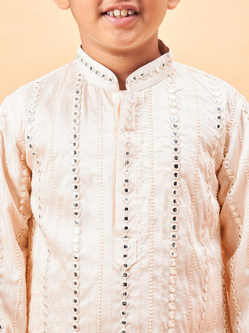 Vastramay Boys Cream Embroidered Vertical Mirror Work Kurta With Patiala Set