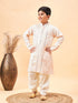 Vastramay Boys Cream Embroidered Vertical Mirror Work Kurta With Patiala Set