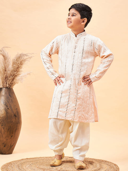 Vastramay Boys Cream Embroidered Vertical Mirror Work Kurta With Patiala Set