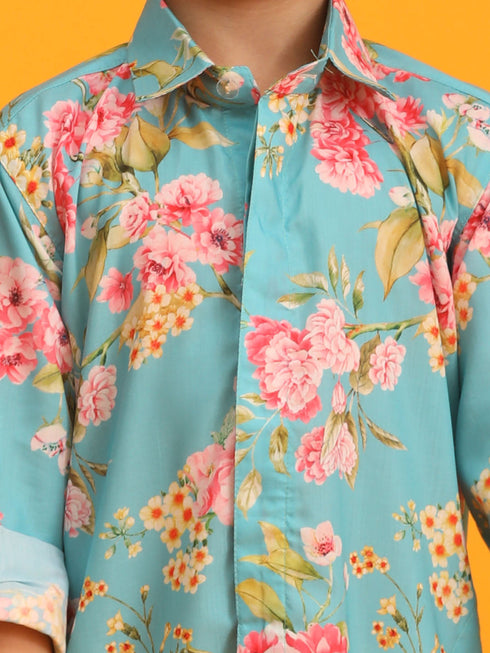 VASTRAMAY Aqua Floral Print Sibling Set