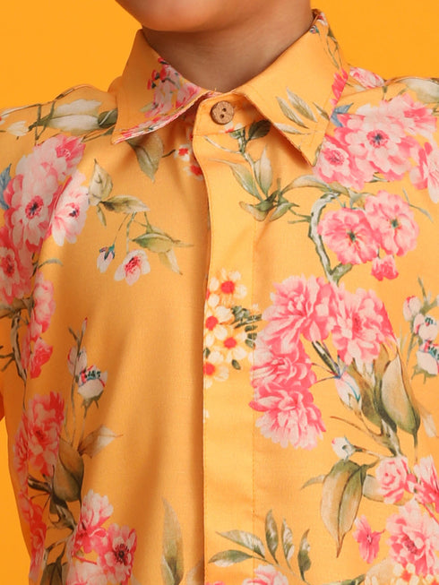 VASTRAMAY Yellow Floral Print Sibling Set