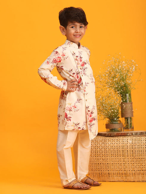 Vastramay Boy's Yellow Floral Printed Angrakha Kurta with Cream Solid Pyjama Set