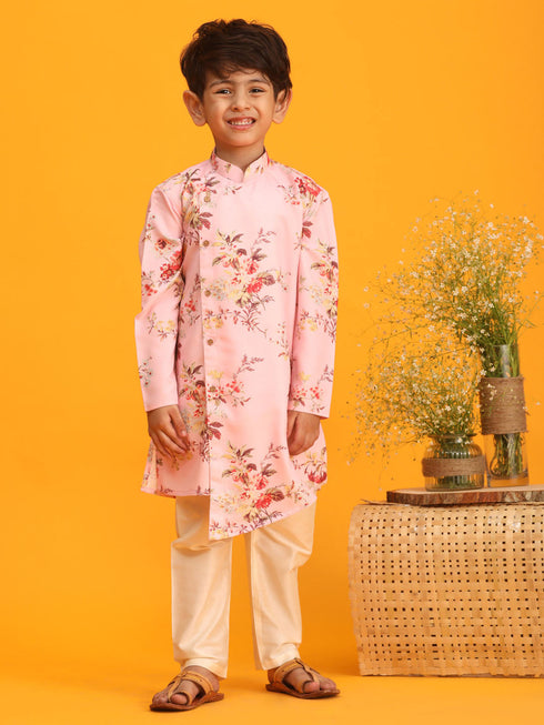Vastramay Pink Cotton Blend Floral Print Kurta Pyjama Sibling Set