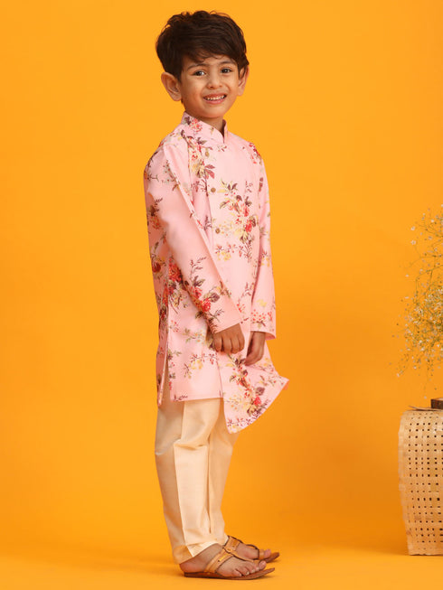 Vastramay Boy's Pink Floral Printed Angrakha Kurta with Cream Solid Pyjama Set
